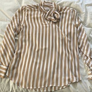 LOFT tie neck mustard yellow striped blouse